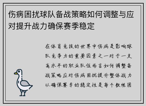 伤病困扰球队备战策略如何调整与应对提升战力确保赛季稳定