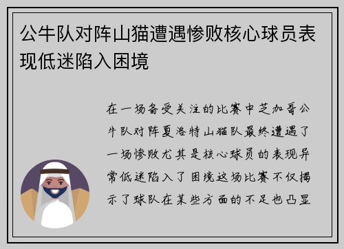 公牛队对阵山猫遭遇惨败核心球员表现低迷陷入困境