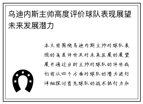 乌迪内斯主帅高度评价球队表现展望未来发展潜力