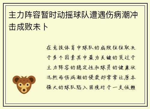 主力阵容暂时动摇球队遭遇伤病潮冲击成败未卜