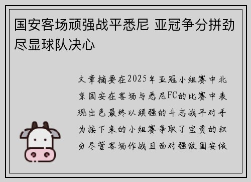 国安客场顽强战平悉尼 亚冠争分拼劲尽显球队决心