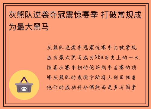 灰熊队逆袭夺冠震惊赛季 打破常规成为最大黑马