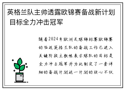 英格兰队主帅透露欧锦赛备战新计划 目标全力冲击冠军